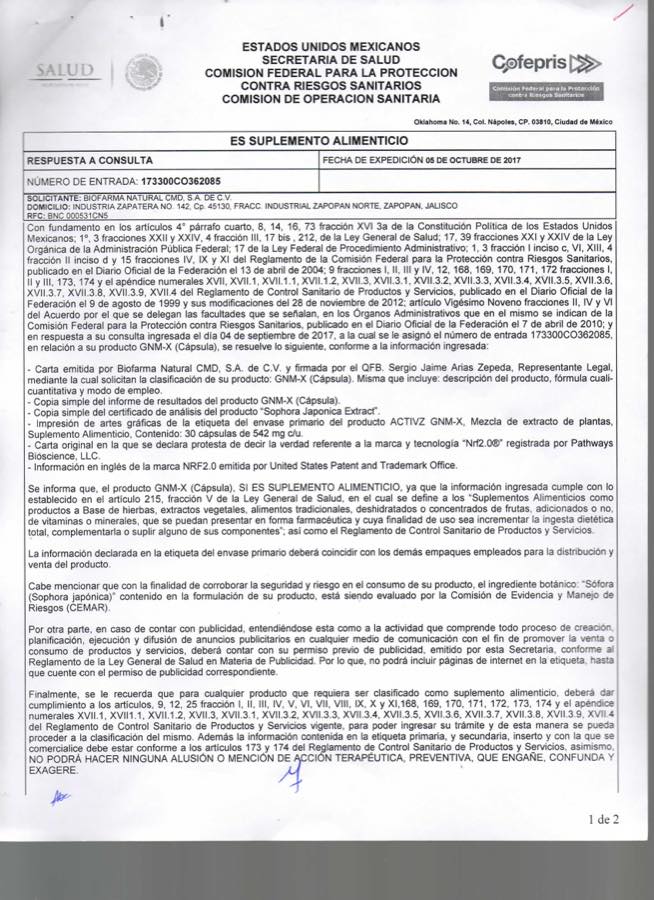 Primera carilla del oficio 173300CO362085 de COFEPRIS sobre Genomex